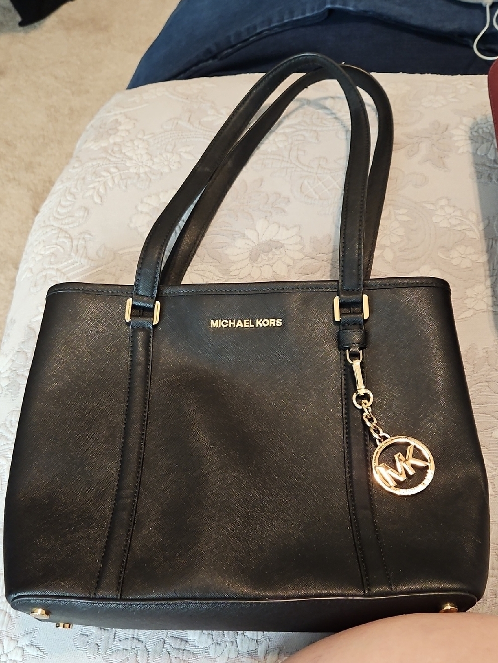 Michael Kors Black Leather Tote with Gold MK Pendant